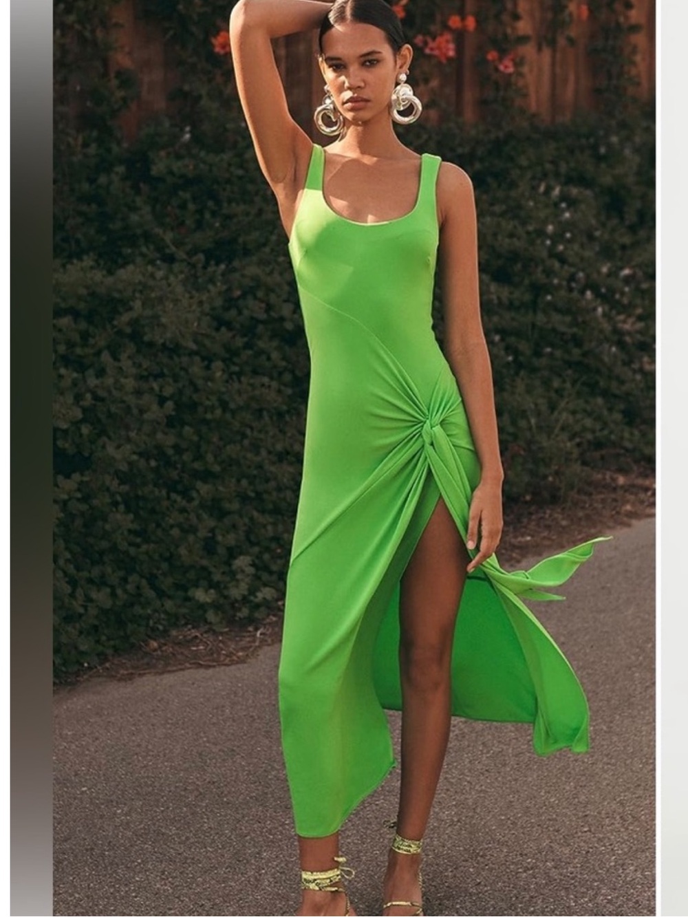 cinq a sept Vera Viper/Neon Green Knot-Front High-Slit Midi Dress | XS